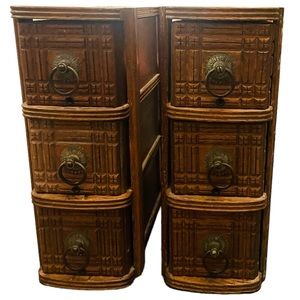 Pair Of Antique Dark Brown Wood Sewing Machine With 3 Drawers And Metal Handles